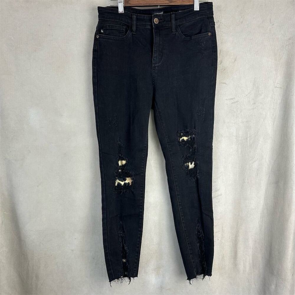 Judy Blue Women's Size 7 Black Distressed Skinny Jeans Leopard Patch size 28